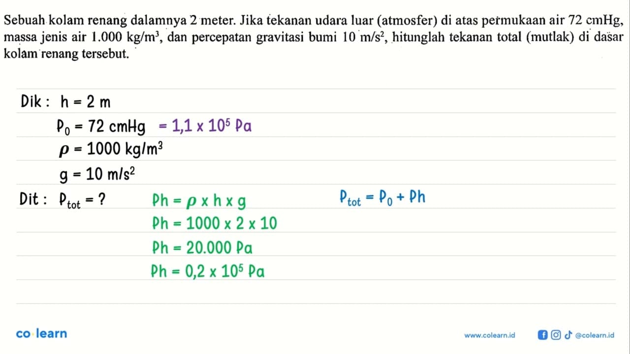 Sebuah kolam renang dalamnya 2 meter. Jika tekanan udara