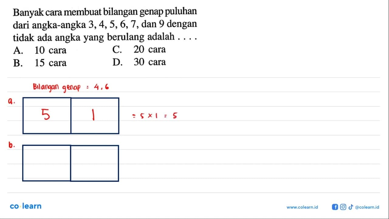 Banyak cara membuat bilangan genap puluhan dari angka-angka