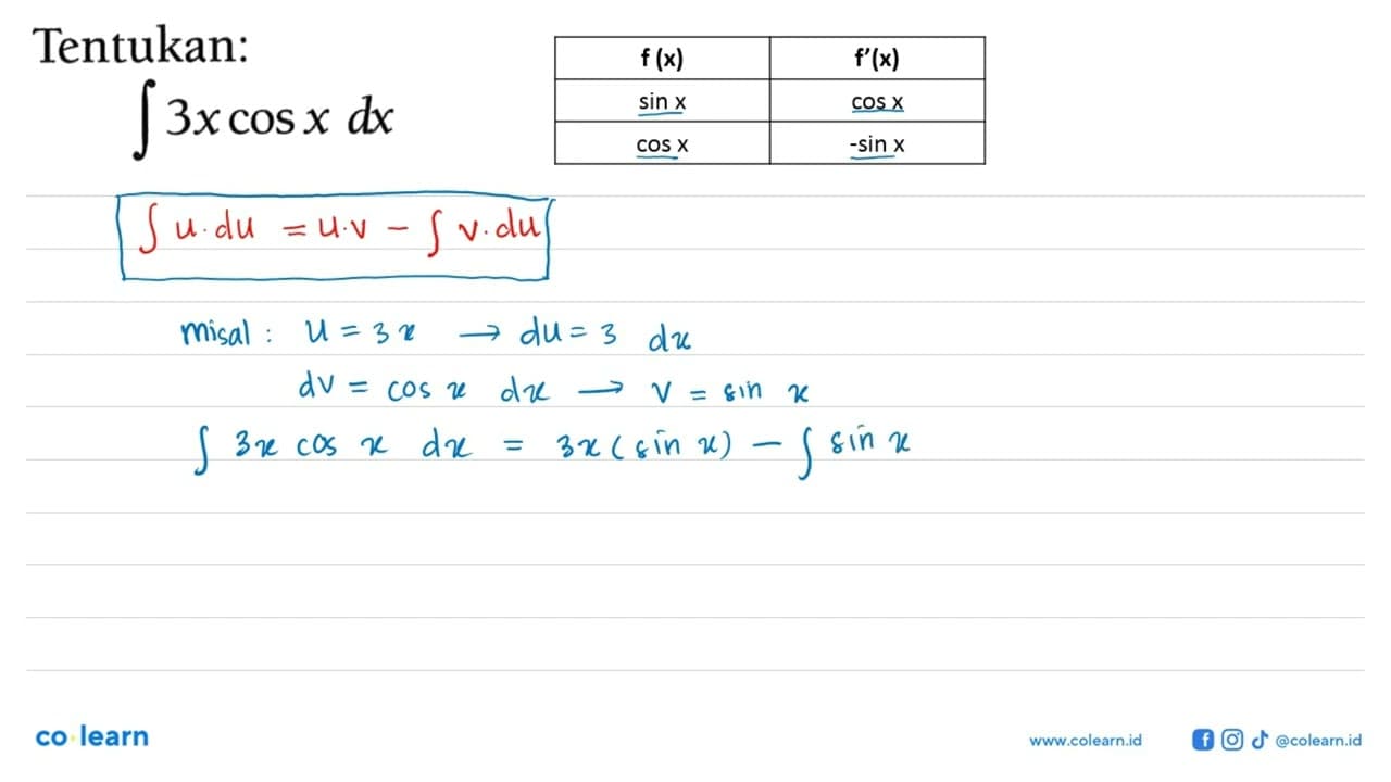 Tentukan: integral 3x cos x dx