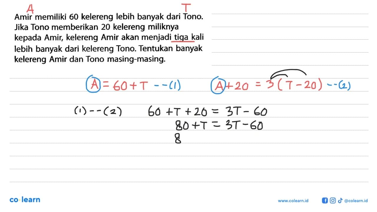 Amir memiliki 60 kelereng lebih banyak dari Tono. Jika Tono