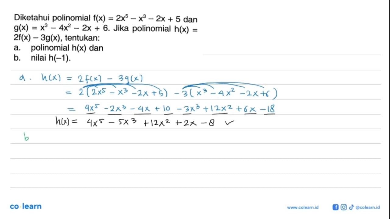 Diketahui polinomial f(x)=2x^5-x^3-2x+5 dan