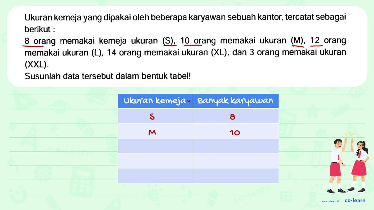 Ukuran kemeja yang dipakai oleh beberapa karyawan sebuah