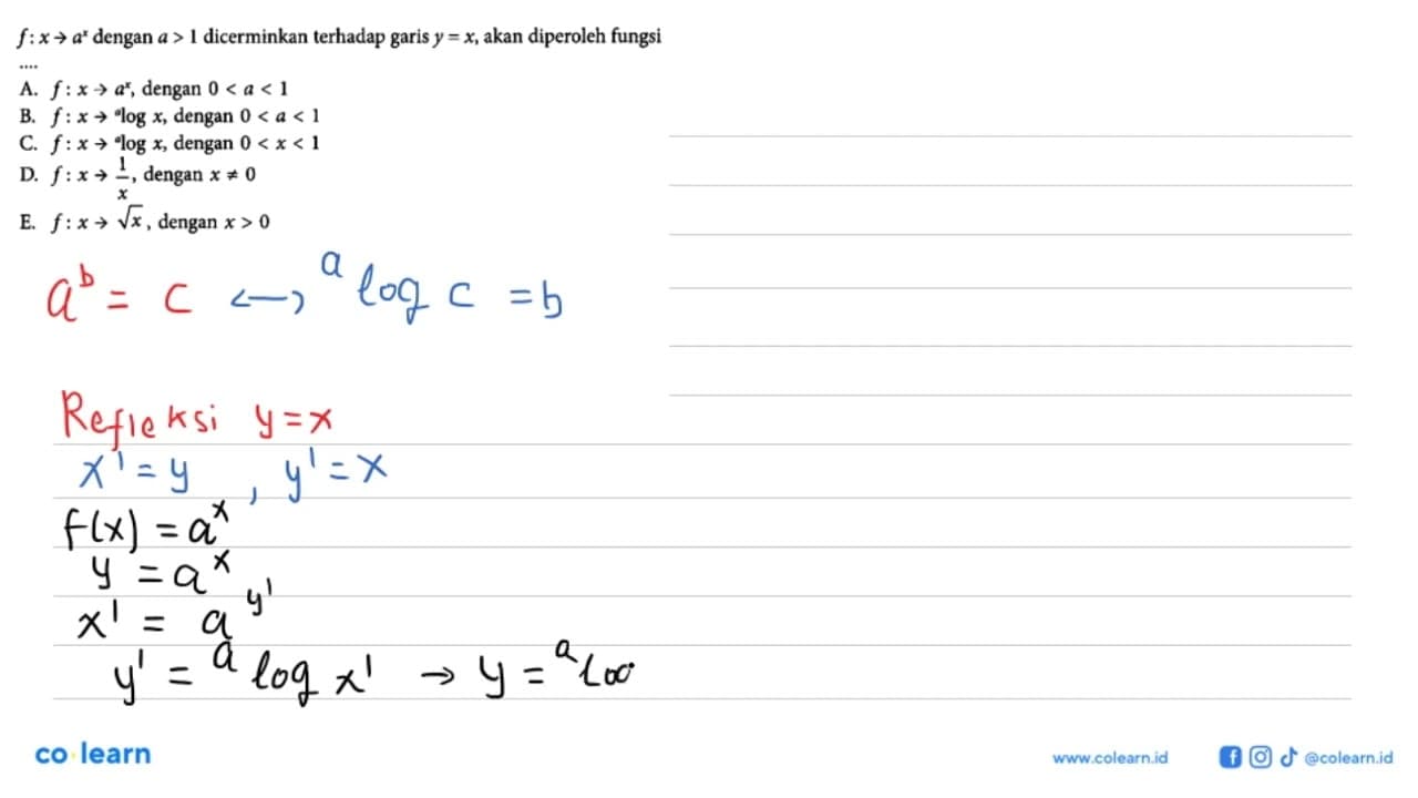 f:x -> a^x dengan a>1 dicerminkan terhadap garis y=x, akan