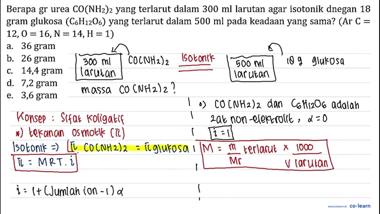 Berapa gr urea CO(NH_(2))_(2) yang terlarut dalam 300 ml