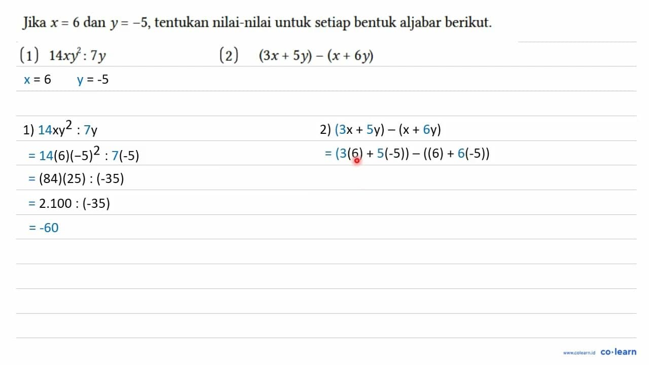 Jika x=6 dan y=-5, tentukan nilai-nilai untuk setiap bentuk