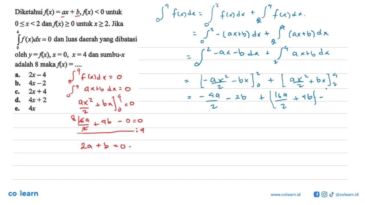 Diketahui f(x)=a x+b, f(x)<0 untuk 0<=x<2 dan f(x)>=0 untuk