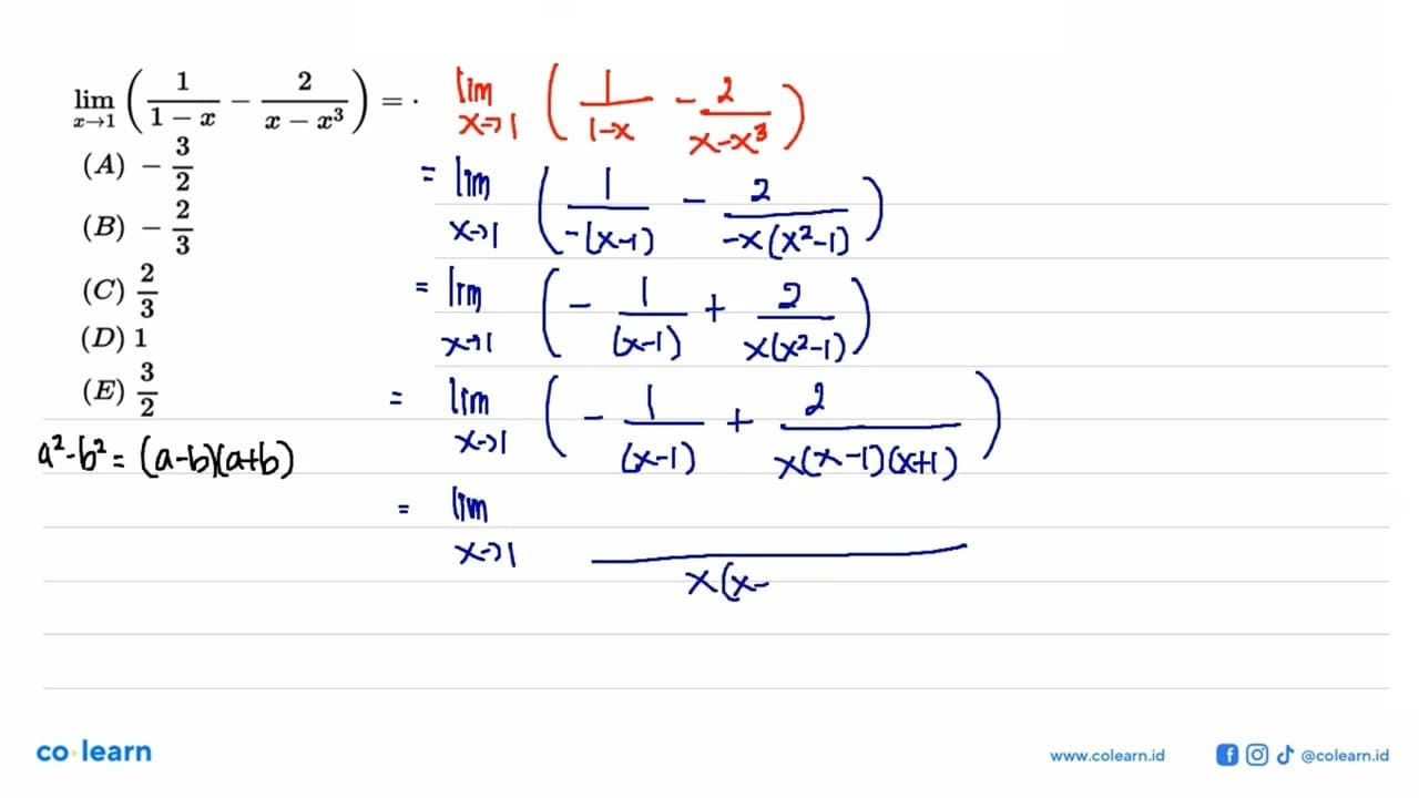 lim x->1 (1/(1-x) - 2/(x-x^2))=...