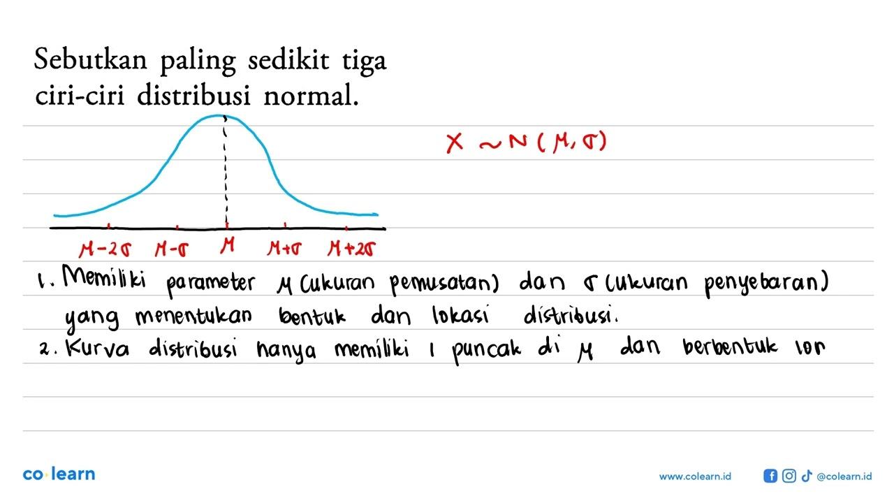 Sebutkan paling sedikit tiga ciri-ciri distribusi normal.