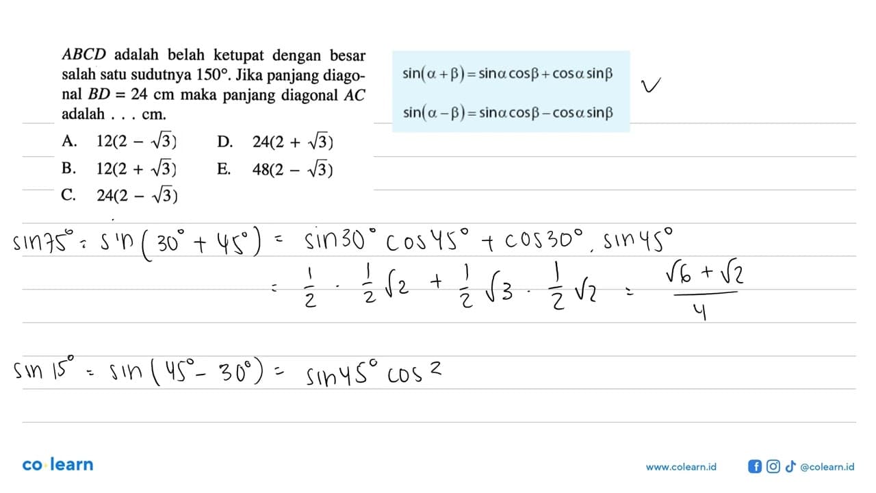 ABCD adalah belah ketupat dengan besar salah satu sudutnya