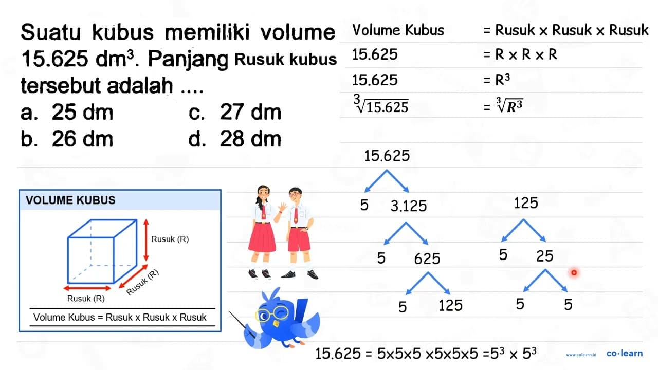 Suatu kubus memiliki volume 15.625 dm^(3) . Panjang sisi