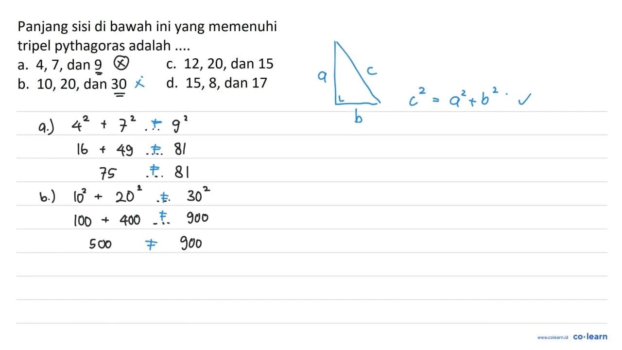 Panjang sisi di bawah ini yang memenuhi tripel pythagoras