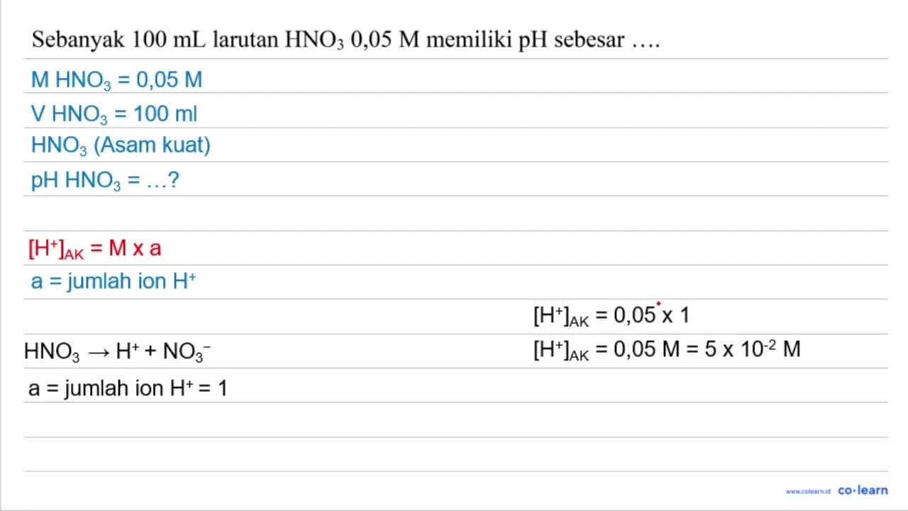 Sebanyak 100 ~mL larutan HNO_(3) 0,05 M memiliki pH sebesar