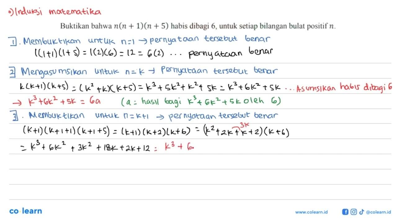 Buktikan bahwa n(n+1)(n+5) habis dibagi 6, untuk setiap