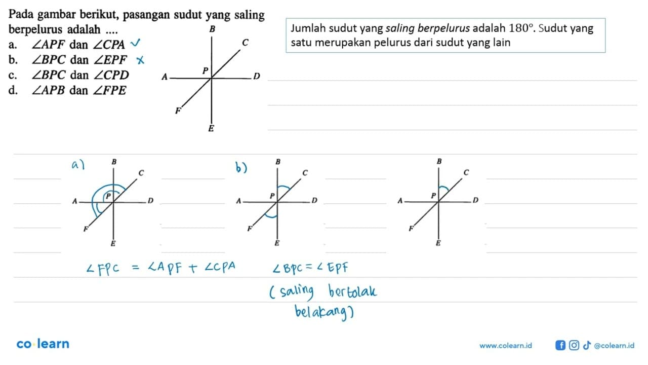 Pada gambar berikut, pasangan sudut yang saling berpelurus