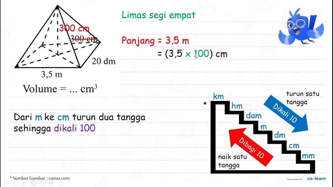 300 cm 20 dm 3,5 m Volume = ... cm^3