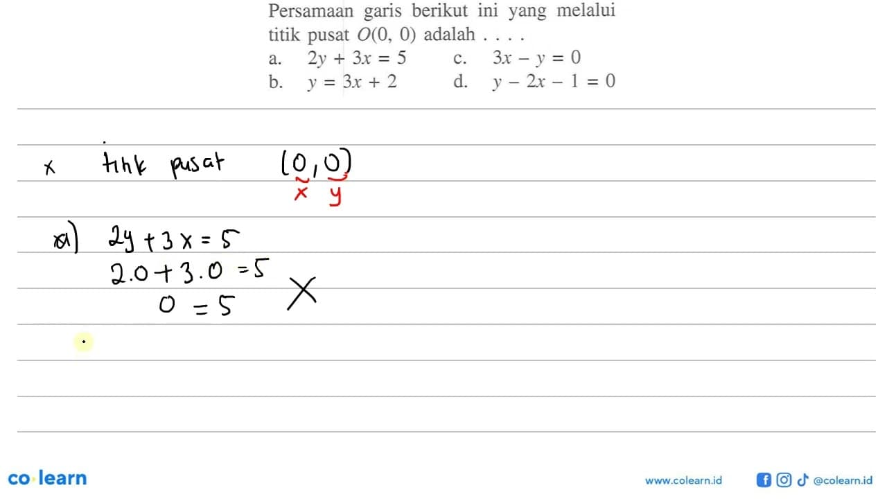 Persamaan garis berikut ini yang melalui titik pusat O(0,