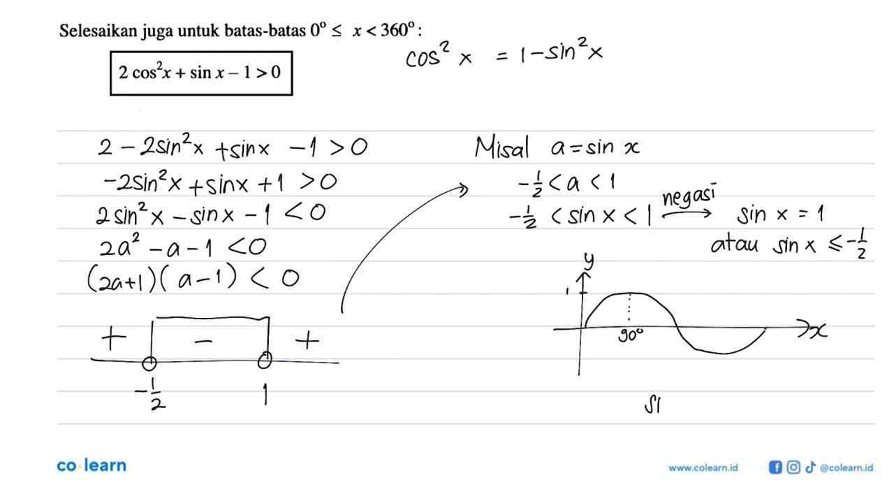 Selesaikan juga untuk batas-batas 0<=x<=360. 2cos^2 x+sin