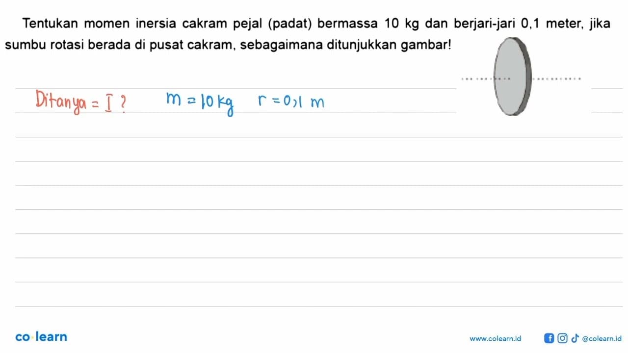 Tentukan momen inersia cakram pejal (padat) bermassa 10 kg