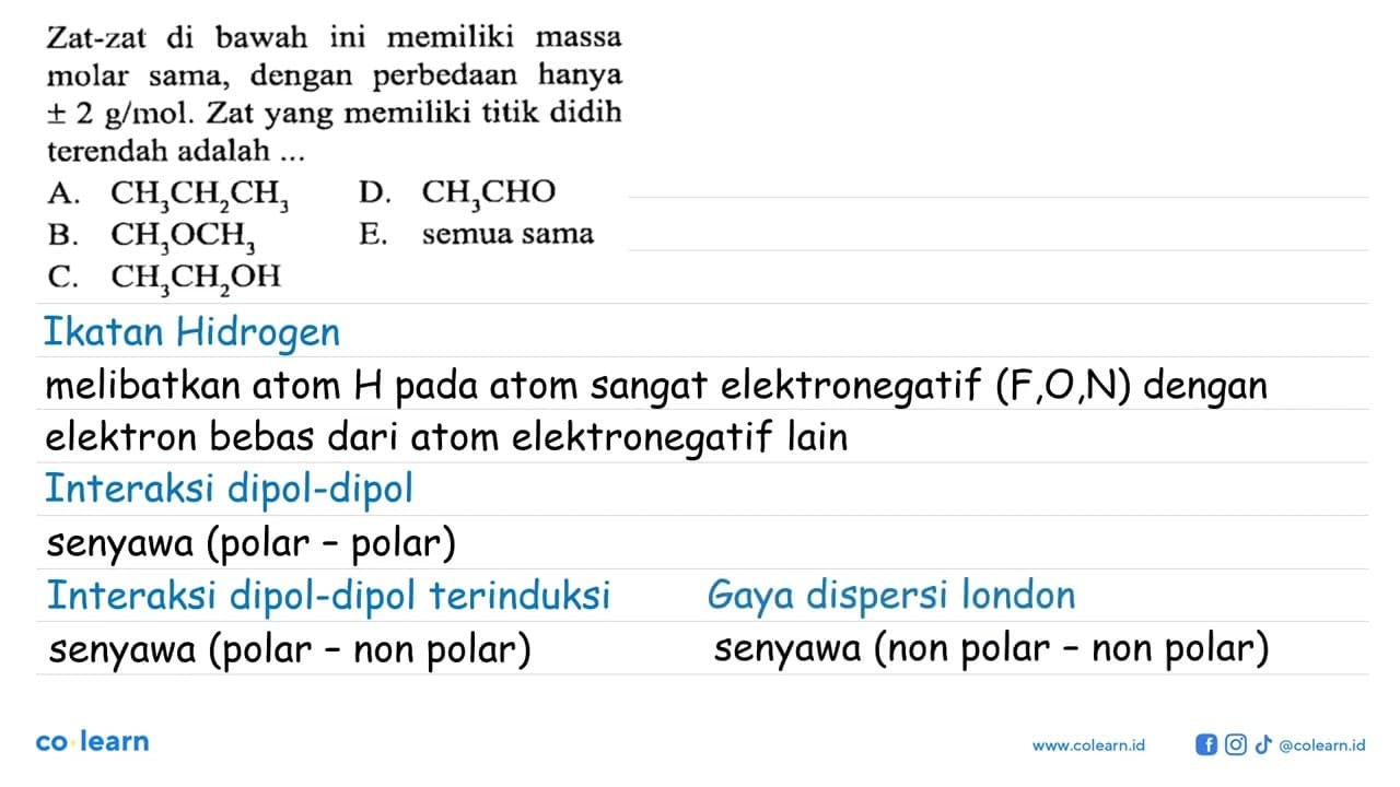 Zat-zat di bawah ini memiliki massa molar sama, dengan