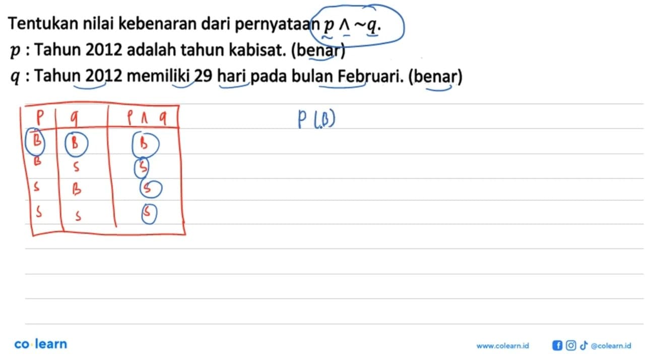 Tentukan nilai kebenaran dari pernyataan p ^ ~ q . p :