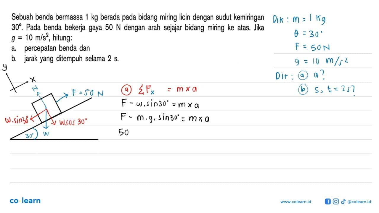 Sebuah benda bermassa 1 kg berada pada bidang miring licin