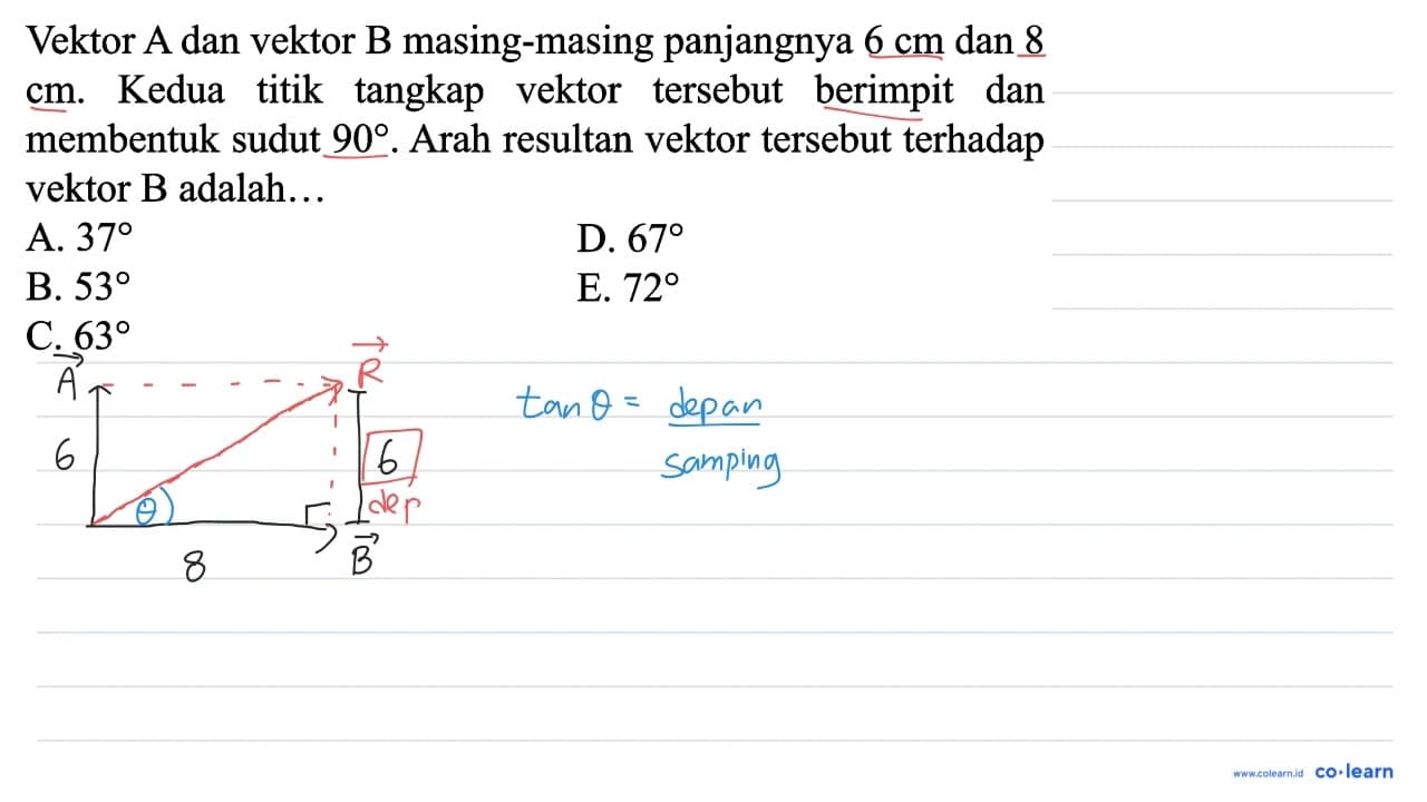 Vektor A dan vektor B masing-masing panjangnya 6 cm dan 8