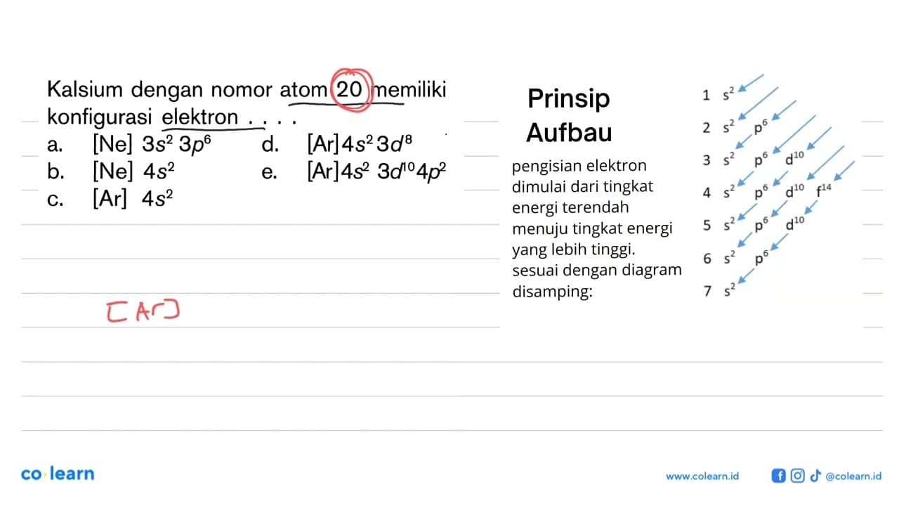 Kalsium dengan nomor atom 20 memiliki konfigurasi elektron