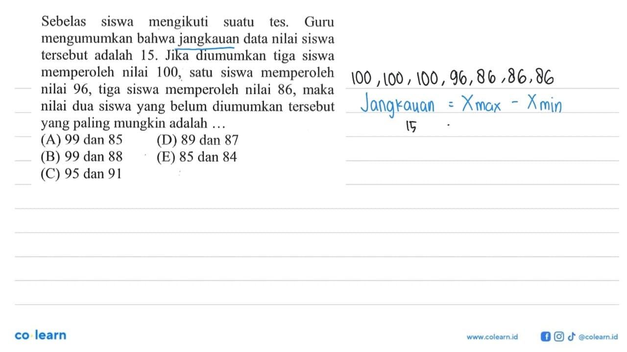 Sebelas siswa mengikuti suatu tes. Guru mengumumkan bahwa