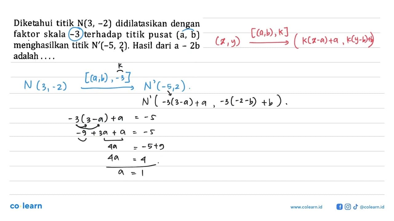 Diketahui titik N(3,-2) didilatasikan dengan faktor skala