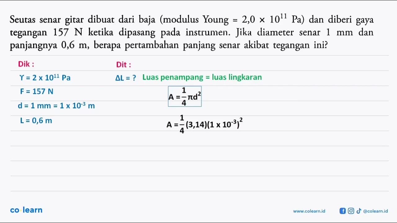 Seutas senar gitar dibuat dari baja (modulus Young = 2,0 x