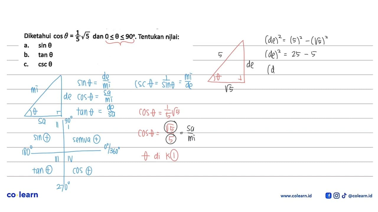 Diketahui cos theta=1/5 akar(5) dan 0 <=theta<= 90.