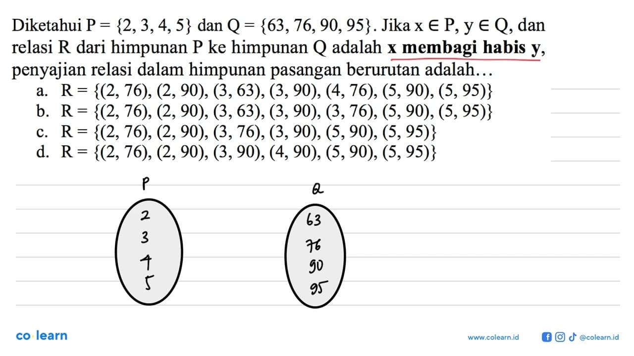 Diketahui P = {2, 3,4,5} dan Q = {63, 76, 90, 95}. Jika x e