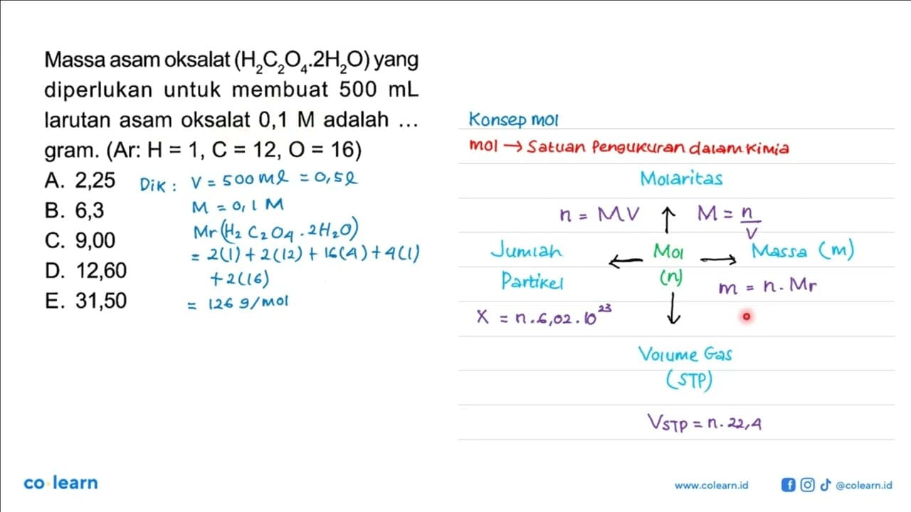 Massa asam oksalat (H2C2O4 .2H2O) yang diperlukan untuk