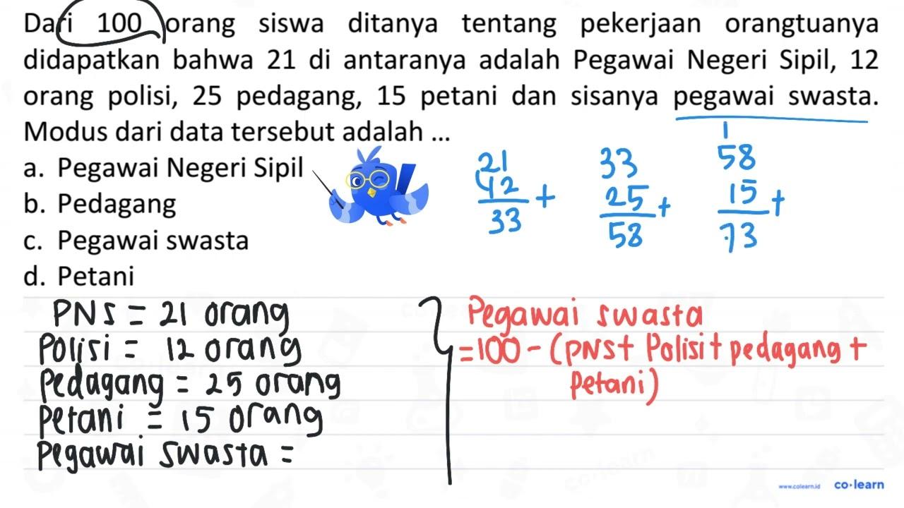 Dari 100 orang siswa ditanya tentang pekerjaan orangtuanya