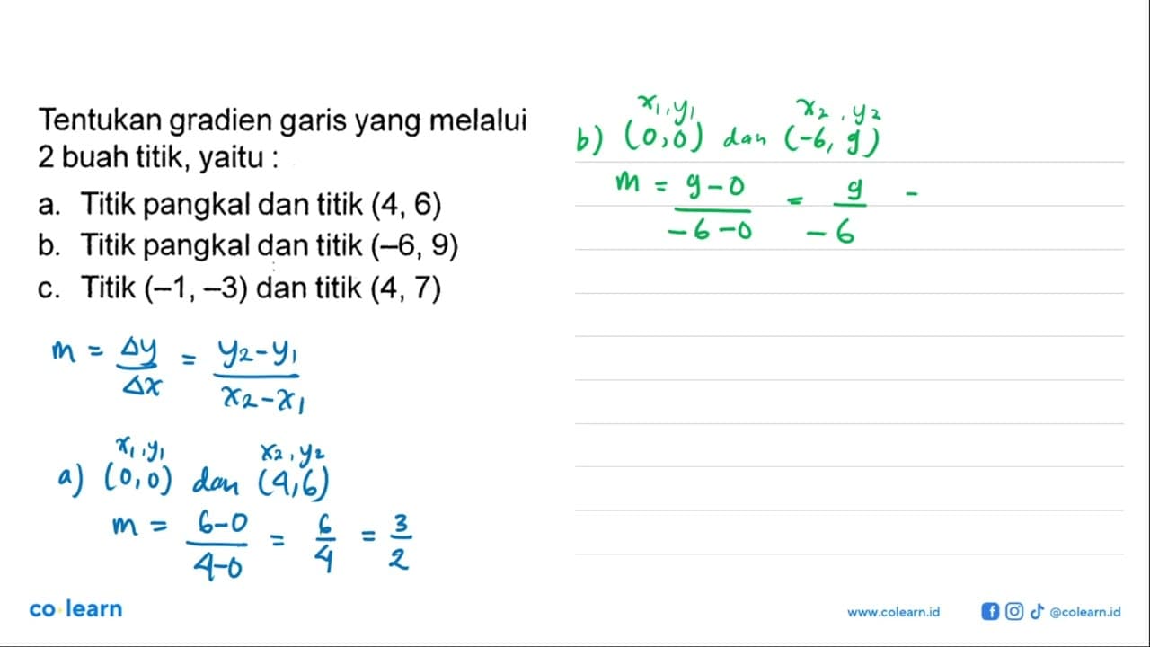 Tentukan gradien garis yang melalui 2 buah titik, yaitu :