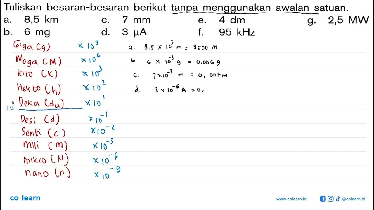 Tuliskan besaran-besaran berikut tanpa menggunakan awalan