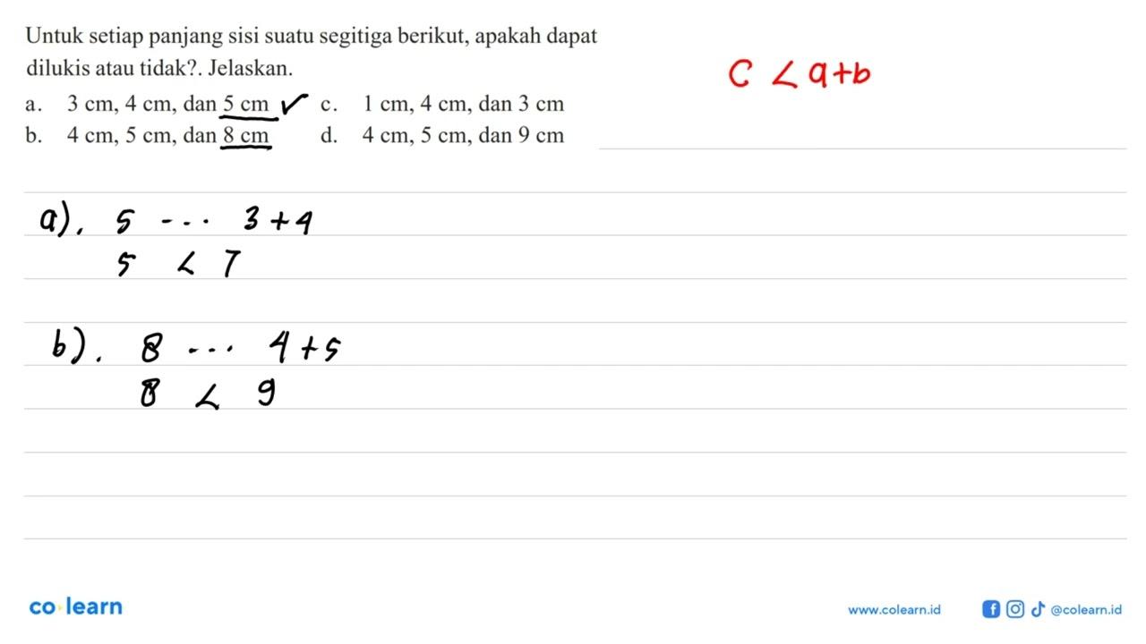 Untuk setiap panjang sisi suatu segitiga berikut, apakah