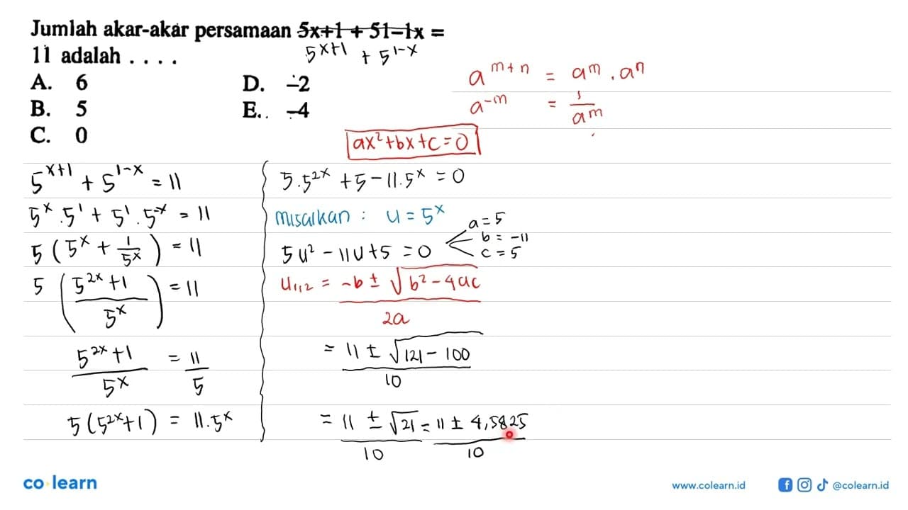 Jumlah akar-akar persamaan 5x+1+51-1x=11 adalah....