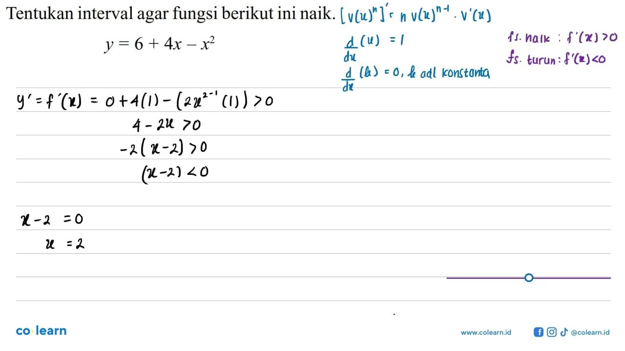 Tentukan interval agar fungsi berikut ini naik.y=6+4x-x^2