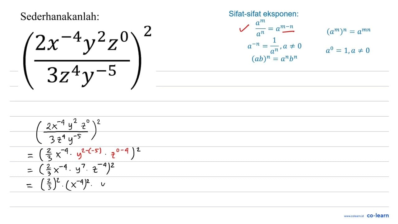 ((2 x^(-4) y^(2) z^(0))/(3 z^(4) y^(-5)))^(2)