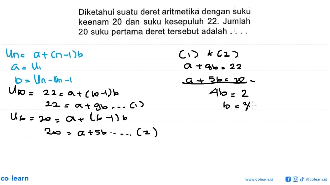 Diketahui suatu deret aritmetika dengan suku keenam 20 dan