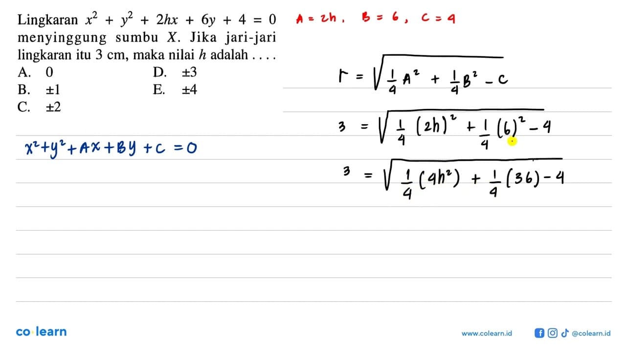 Lingkaran x^2+y^2+2 hx+6y+4=0 menyinggung sumbu X. Jika