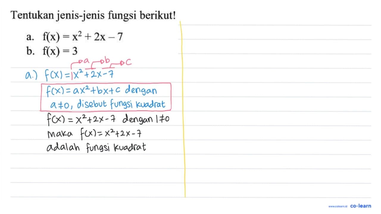 Tentukan jenis-jenis fungsi berikut! a. f(x)=x^(2)+2 x-7 b.