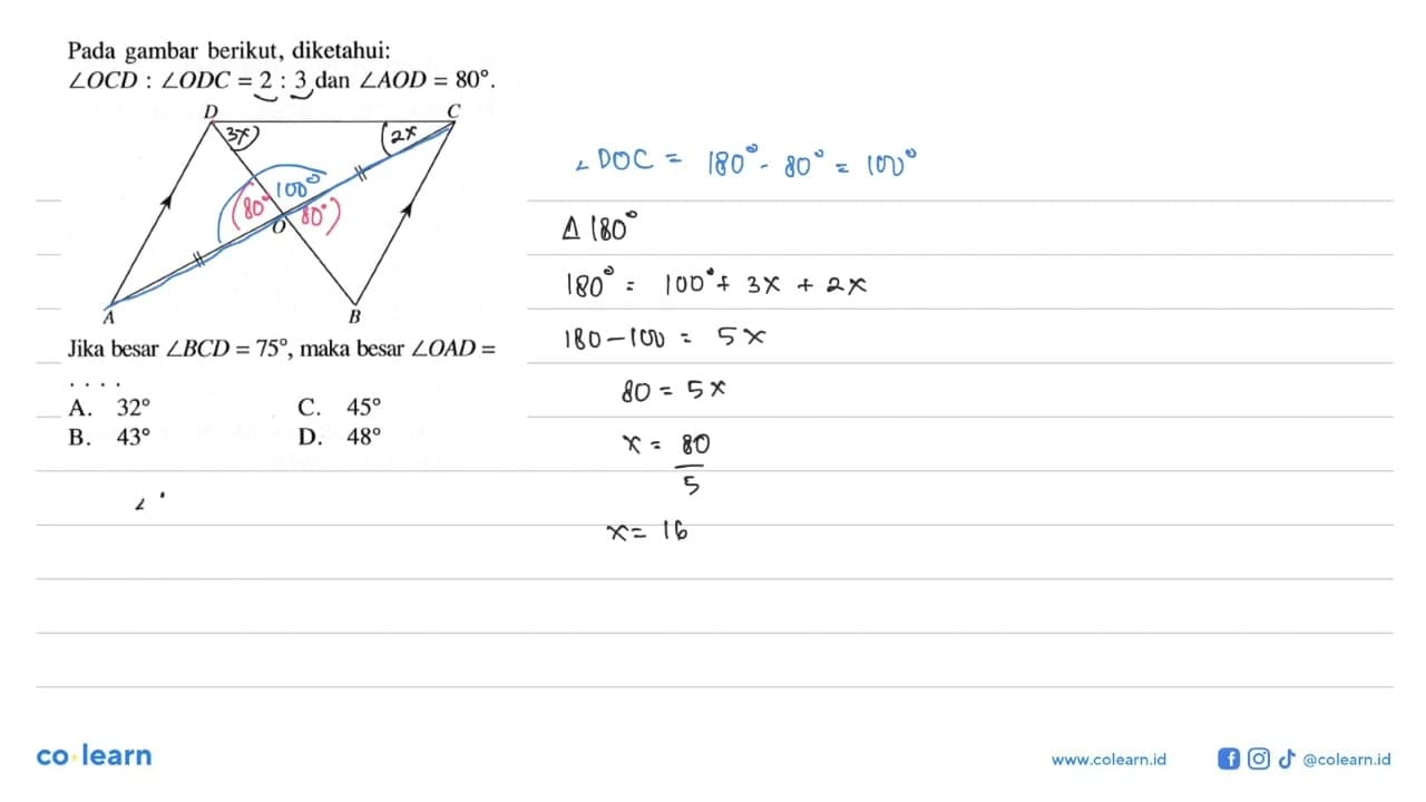 Pada gambar berikut, diketahui: sudut OCD:sudut ODC=2:3 dan