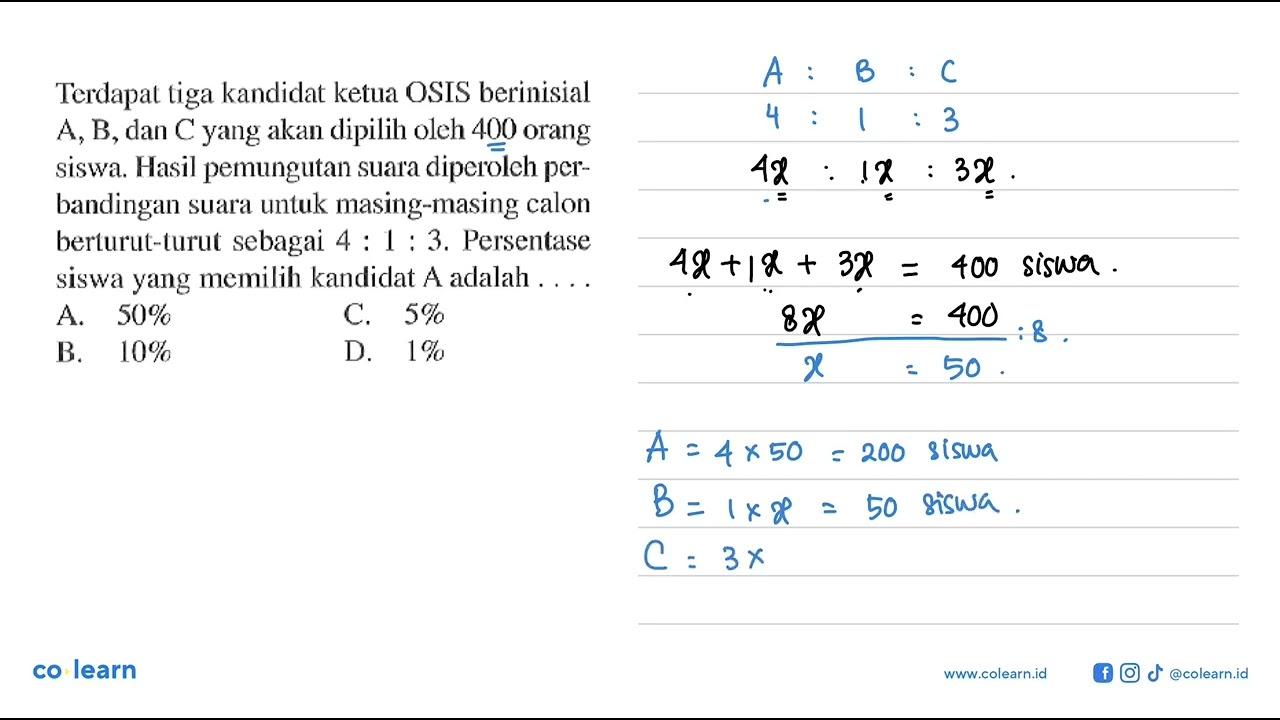 Terdapat tiga kandidat ketua OSIS berinisial A, B, dan C