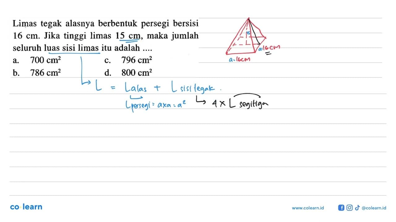 Limas tegak alasnya berbentuk persegi bersisi 16 cm. Jika