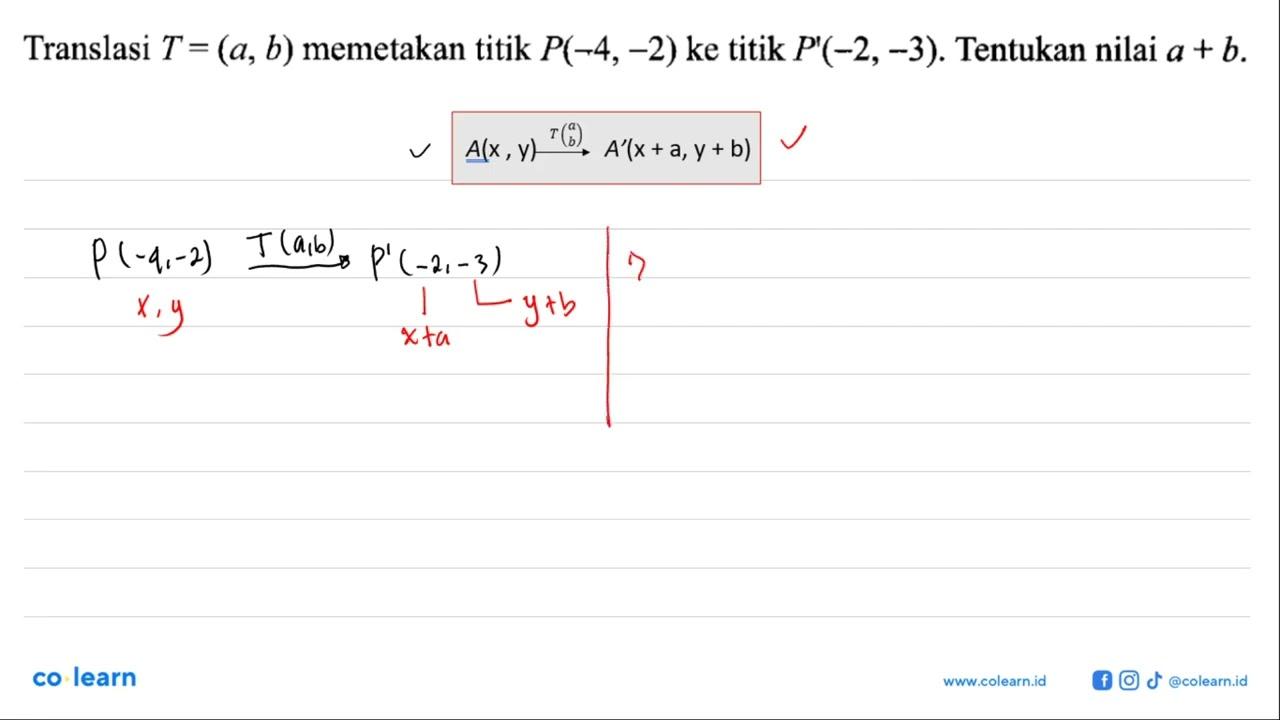 Translasi T=(a, b) memetakan titik P(-4,-2) ke titik