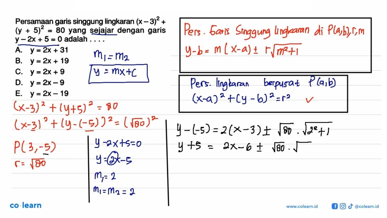 ersamaan garis singgung lingkaran (x-3)^2+(y+5)^2=80 yang