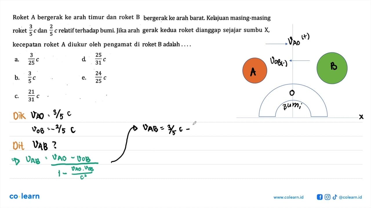 Roket A bergerak ke arah timur dan roket B bergerak ke arah