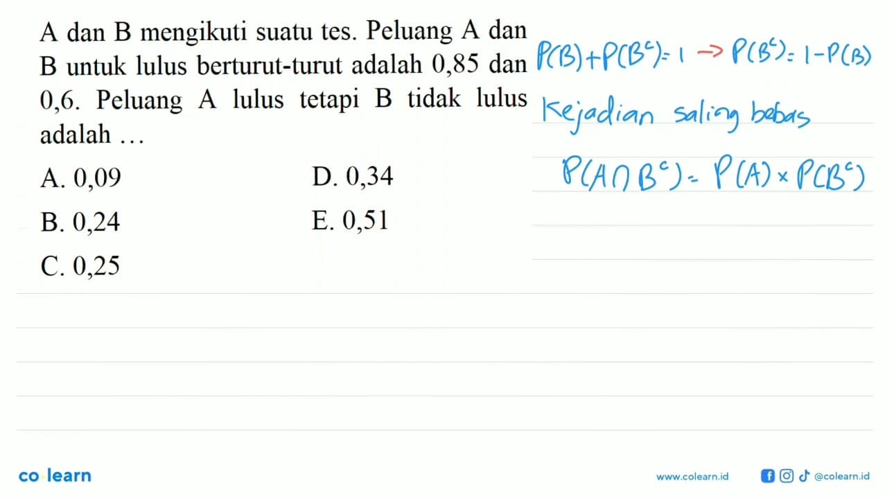 A dan B mengikuti suatu tes. Peluang A dan B untuk lulus